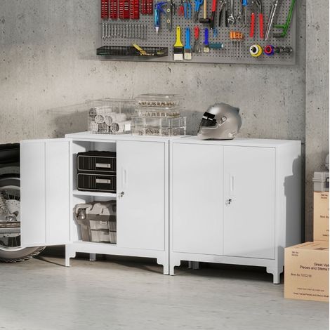 Mueble de almacenaje de oficina metálico con puertas con llave, 2 niveles, blanco DESVIAE (1/5)