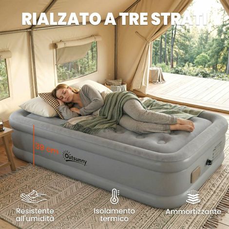 Matelas auto-gonflant individuel gris, surface floquée, pompe intégrée et sac de rangement fourni. (1/5)
