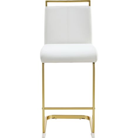 Lot de 2 tabourets de bar en simili cuir blanc avec pieds métalliques dorés, hauteur 96,5 cm (1/5)