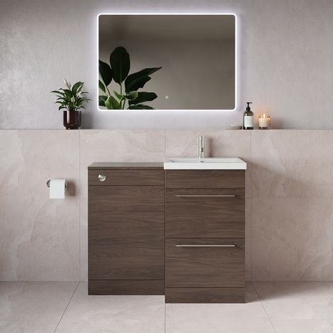 Napoli 390 Brown Oak 1000mm 2 Drawer Vanity Unit Toilet Suite with Glide Basin - 1000mm - Chrome 320mm HandleWithout Kingston Toilet Pan