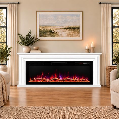 HOMAVO Cheminée électrique 50" avec meuble, 1000/2000W, commande par application, flamme 3D 12 couleurs, timer 1–8h, 162×30×67cm (1/5)