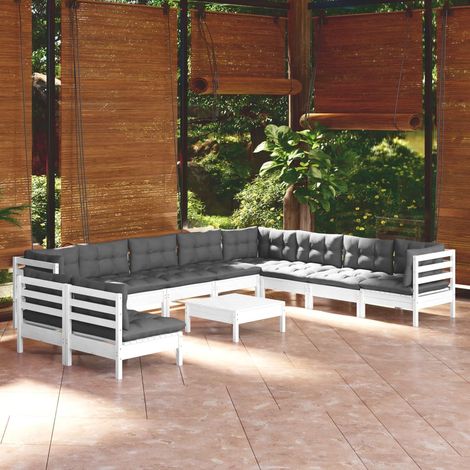11-tlg. Garten-Lounge-Set mit Kissen Weiß Massivholz Kiefer (1/5)