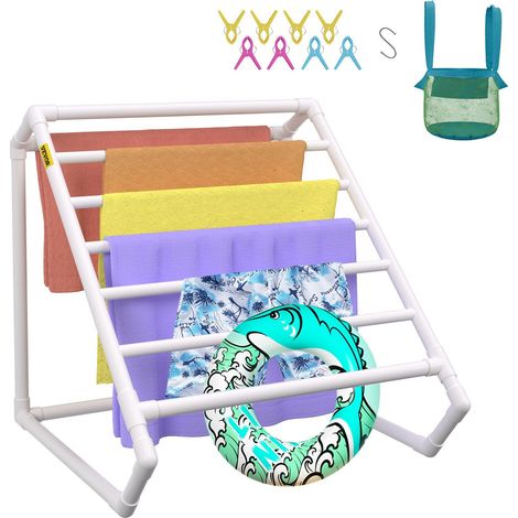 Porte-serviettes de piscine triangulaire autoportant en PVC blanc avec 8 barres et pinces idéal pour rangement extérieur à la plage. (1/5)