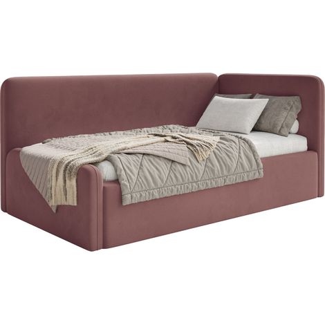 Selsey Fanko – Jugendbett 90x200 cm mit Rausfallschutz, Matratze, Kopfteil rechts, Samt, Rosa (1/5)