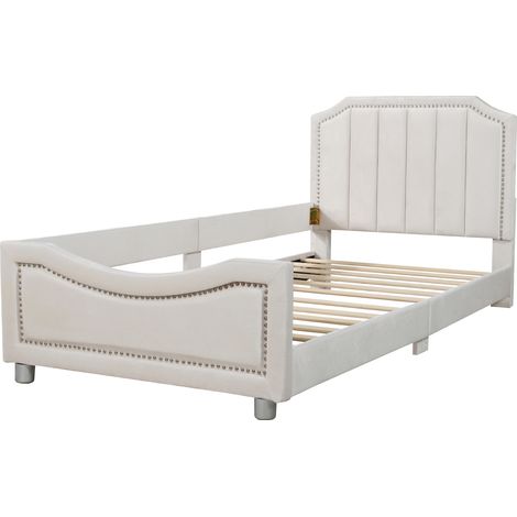 Cama infantil tapizada 90 x 200 cm de franela beige con cabecero y piecero (1/5)