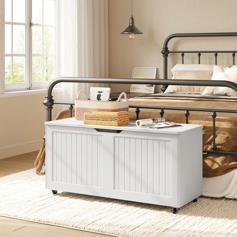 WOLTU Sitzbank Schuhbank mit Stauraum 2 Sicherheitsscharnieren, Truhenbank mit Deckel Rollen Sitztruhe für Schlafzimmer, Flur, Wohnzimmer 100x50,5x40 cm Weiß