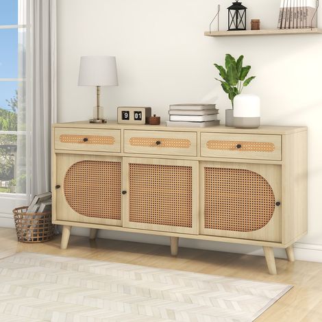 URBAN MEUBLE Buffet en bois et porte en rotin plastique PE et étagères réglables 3 tiroirs avec 3 portes coulissantes 140x40x78cm (1/5)
