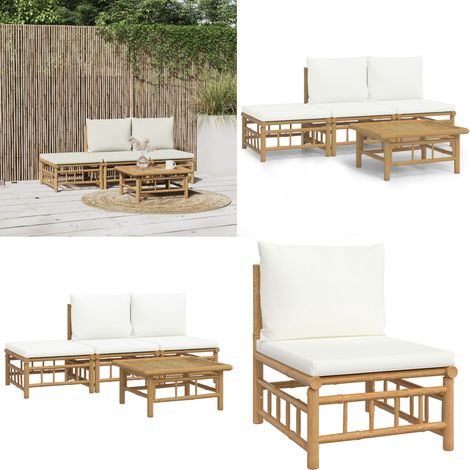 4-tlg. Garten-Lounge-Set mit Cremeweißen Kissen Bambus - Bambus Möbel - Gartenloungeset - Outdoor Möbel - Gartenmöbel - Esstisch - Home & Living (1/5)