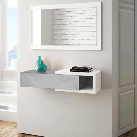 Meuble d'entrée réversible avec miroir, Meuble d'entrée avec tiroir, Plateau de poche pour appartements, 95x26h69 cm, Blanc et Ciment (1/5)