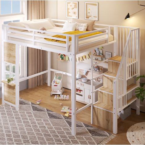 Cama alta 140x200 cm blanca de metal y MDF con escalera de almacenaje (1/5)