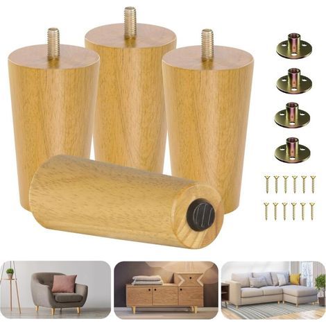 Set mit 4 robusten, runden Möbelfüßen aus Massivholz (10 cm Durchmesser) mit Nivellierfüßen, Ersatzfüße für Möbel, Sofa, Kommode, Hocker (1/4)