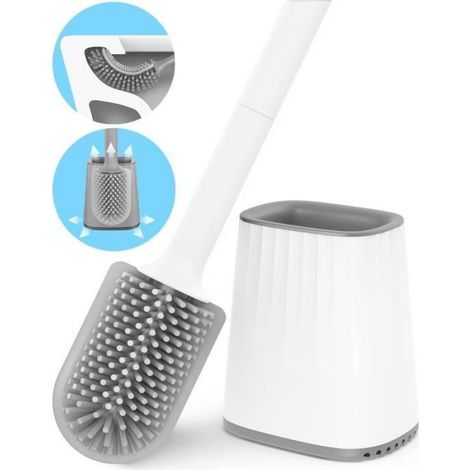 Brosse WC - Tete Double Face En Silicone - Support Mural Ou Au Sol - 1 Piece
