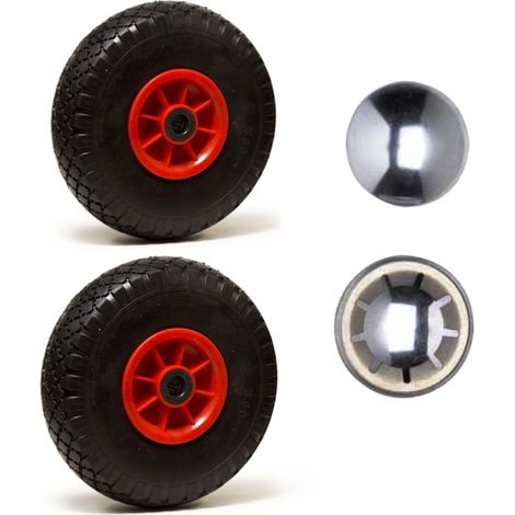 LOT de 2 x roue gonflable diable 260 x 85 (3.00-4) alésage 20 mm roulement à rouleaux + 2 x calottes autobloquantes