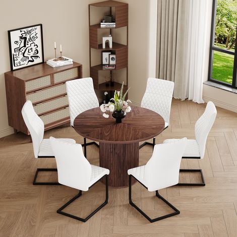 CAIziTable de salle à manger ronde couleur noyer avec 6 chaises blanches