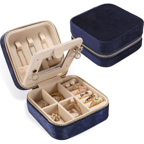 Boîte à bijoux de voyage en velours moelleux pour femmes et filles - Petit organiseur portable, étui de rangement pour bagues, boucles d'oreilles, colliers et bracelets - Cadeau idéal pour les voyages