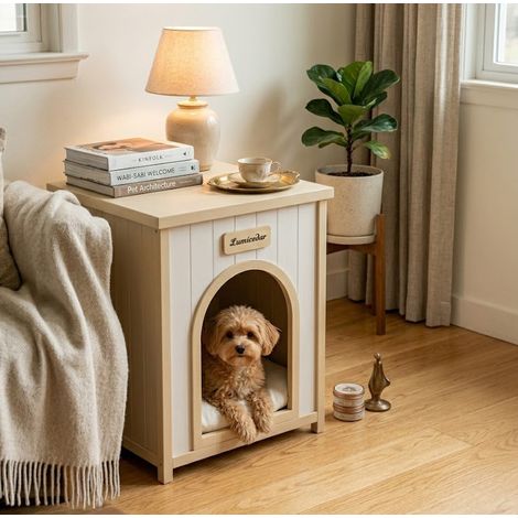 Caisse pour chien en bois avec table d'appoint, 53 x 51,6 x 60 cm, blanc crème HAVRYA (1/5)