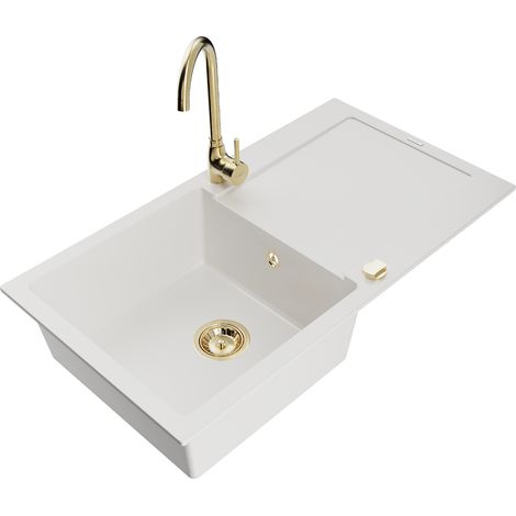 Mexen Leo lavello da cucina in granito a 1 vasca con scolapiatti e miscelatore Telma, bianco - 6501-20-670200-50 (1/5)