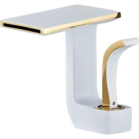 Grifo de lavabo en cascada, grifo de agua fría y caliente, grifo monomando para lavabo, grifo monomando para lavabo, latón (blanco + dorado) (1/4)