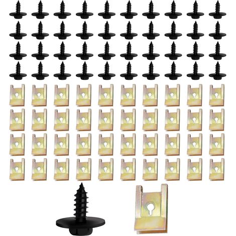Juego de 80 tornillos y sujetadores con clip en U, tuercas y clips para guardabarros de automóviles, 40 tornillos para carrocería y 40 clips en U, juego de tornillos universales para paneles interiore (1/5)