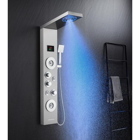 Ensemble de Panneau de Douche Tour avec Mélangeur, Colonne de Douche à 6 Modes avec Affichage LED de la Température, Effet Pluie et Brume, 2 Modes de Jets de Massage, Tête de Douche et Bec de (1/5)
