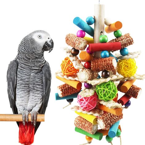 Jouets pour oiseaux, jouets pour grands perroquets, jouets à mâcher en bois poivré naturel pour perroquets gris d'Afrique, aras, cacatoès et perroquets amazones, jouets suspendus pour volière (1/5)