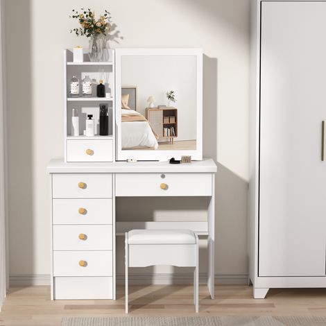 FLASIDU - Coiffeuse avec tabouret - meuble de rangement pour produits de beauté - 6 tiroirs, 5 étagères - 80×36×122 cm - blanc (1/5)