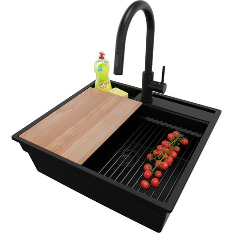 PRIMAGRAN Evier Cuisine en Granit 58x53cm, Lavabo 1 bac + Kit de Vidage + Accessoire, Évier à Encastrer au meuble 60cm - Oslo Pocket, Tout Noir (1/5)