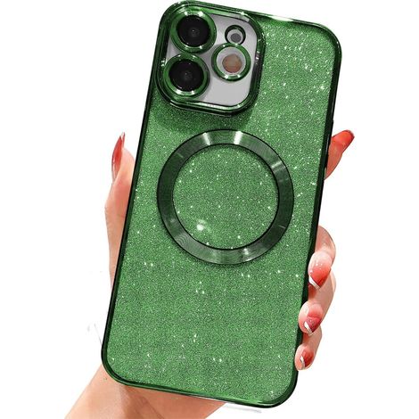 Custodia magnetica glitterata per iPhone 11 da 6,1 pollici, compatibile con MagSafe, custodia protettiva trasparente galvanizzata lucida, elegante e raffinata, ideale per le donne - Verde (1/2)