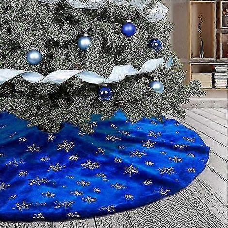 Jupe de sapin décorative à flocons de neige, bordure argentée pailletée, base en peluche bleue pour Noël (1/4)