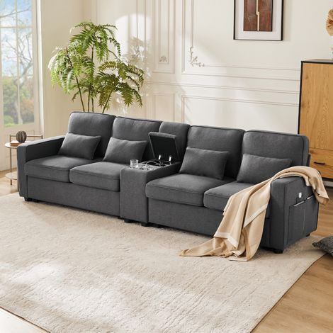4-Sitzer Sofa, gerades Sofa mit klappbarer Mittelkonsole, Getränkehaltern und USB-Anschlüssen, Leinenstoff mit Seitentaschen, 290 cm, Dunkelgrau (1/5)