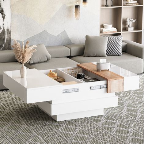 Mesa baja cuadrada extensible 70 x 70 x 39 cm con almacenaje oculto, blanca HAVRYA (1/5)
