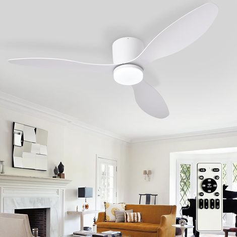 Ventilateur de plafond encastré : ventilateurs de plafond blancs de 52 pouces avec éclairage pour chambre à coucher - ventilateur à profil bas avec télécommande et pales blanches réversibles (1/5)