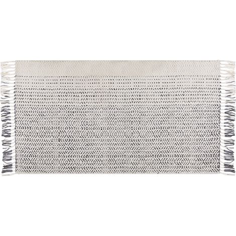 Alfombra de lana blanco gris 80 x 150 cm algodón hecho a mano borlas Omerli