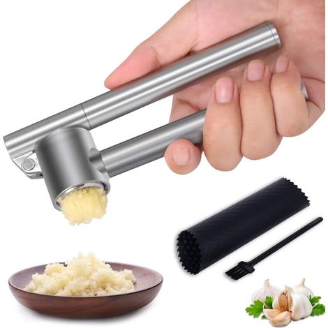 Juego de triturador y pelador de ajos de acero inoxidable, triturador de ajos desmontable y resistente a la oxidación para extraer más pasta de ajo (triturador de ajos de mango largo + pelador de ajos (1/5)