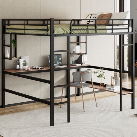 Hochbett Metall Schwarz 140x200 cm mit Schreibtisch, Bücherregal und 4 Regalen, inklusive Lattenrost (1/5)