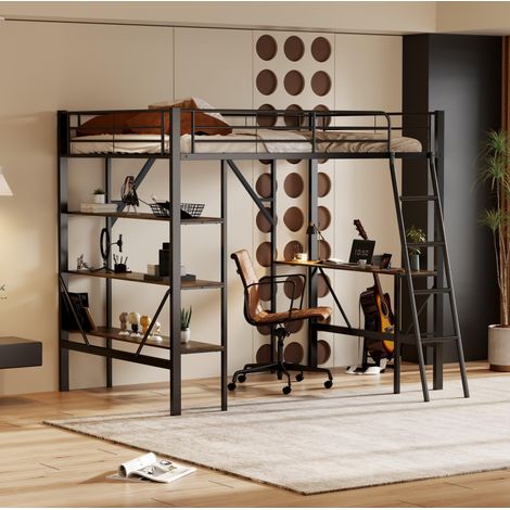 Cama alta infantil 90x200 cm de metal negro con almacenamiento FloraGrace (1/5)