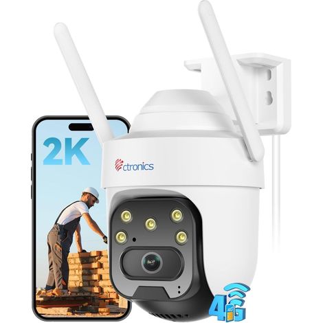 Ctronics Caméra de Surveillance 4G LTE 2K avec Carte SIM PTZ Extérieure, Détection Humaine, Suivi Auto, Vision Nocturne Couleur, Audio Bidirectionnel