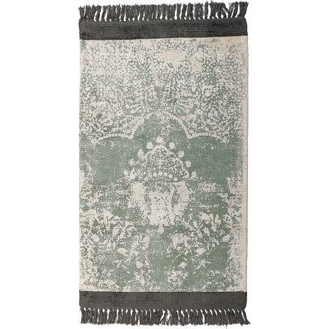 Alfombra de viscosa verde beige negro 80 x 150 cm algodón flecos envejecido Akarsu