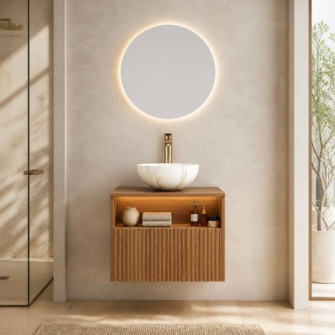 Meuble vasque suspendu 60 cm minimaliste chêne brun avec vasque céramique blanc pierre, 1 tiroir et étagère LED