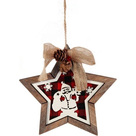 Ciondolo a forma di stella in legno da 15 cm con l'immagine di Babbo Natale, rosso (1/2)