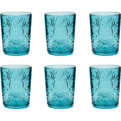Color Tumbler Lot de 6 verres en verre décorés, multicolore, décor en relief, 350 ml, 8 x 10 cm (Bleu clair) (1/5)