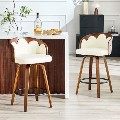 Taburete de bar con respaldo en forma de flor, asiento acolchado, madera, blanco (1/5)