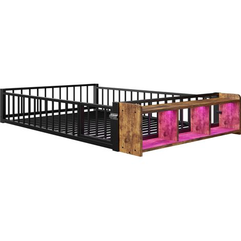 Lit plat en métal 140 x 200 cm, lit en fer sans matelas, avec barrière de sécurité, compartiments de rangement, bandes LED, noir