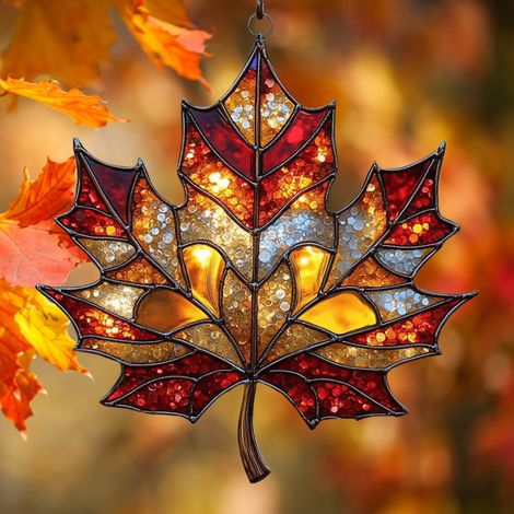 Ornement En Verre Émaillé - Feuille D'érable Pour Fenêtre - Décoration Automnale Et Halloween - 1 Pièce (1/5)