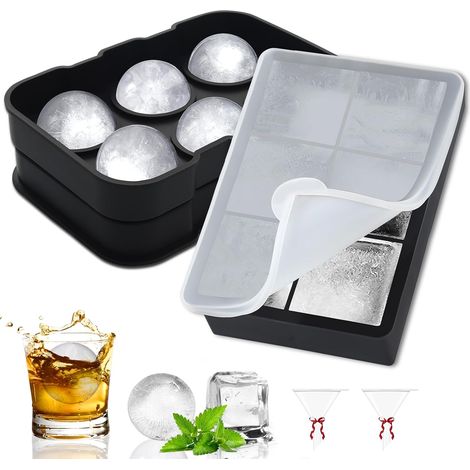 Lot de 2 Moule à glaçons, Cube 5 cm avec couvercle, Sphère 4.5 cm avec entonnoir, Silicone sans BPA, Pour whisky et cocktails
