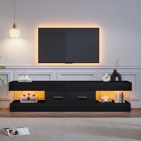 Meuble TV LED 152 x 35 x 40 cm pour TV 75 pouces, 2 tiroirs, 4 niches ouvertes, côtés en acrylique, Noir brillant (1/5)