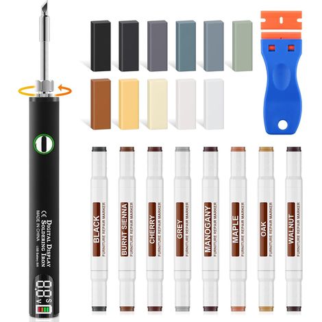 Kit Réparation Sol Vinylique, Laminé Parquet Gris Mastic Bois Vinyle 11 Blocs Cire 8 Marqueurs Double Pointe Stylo Chauffant USB Pour Meubles Et Sols Bois Répare Rayures Fissures Trous Bosses (1/5)