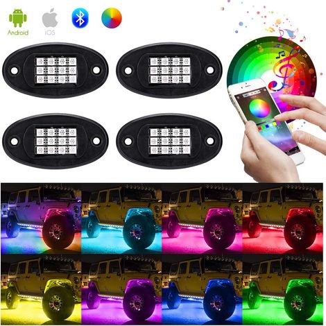 RGB LED Rock Light Kit mit 4 Leuchten für Truck, Jeep, SUV, Crawling, Klettern, Bluetooth App-Steuerung IP68 wasserdichte Lampe (4 Leuchten). (1/5)