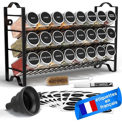1 - Étagère à Épices - Rangement Cuisine - Métal 3 Niveaux - Autoportante Murale - Avec 24 Bocaux et Étiquettes - Noir - 60x25x45cm (1/5)