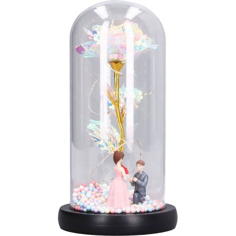 Valentinstagsgeschenk: LED-Glasrose unter einer 7-farbigen Lichtkuppel, romantische Dekoration für Liebeserklärungen, Heiratsanträge, Nachtlicht mit Blattgold, batterielos (Antragsmodell). (1/5)